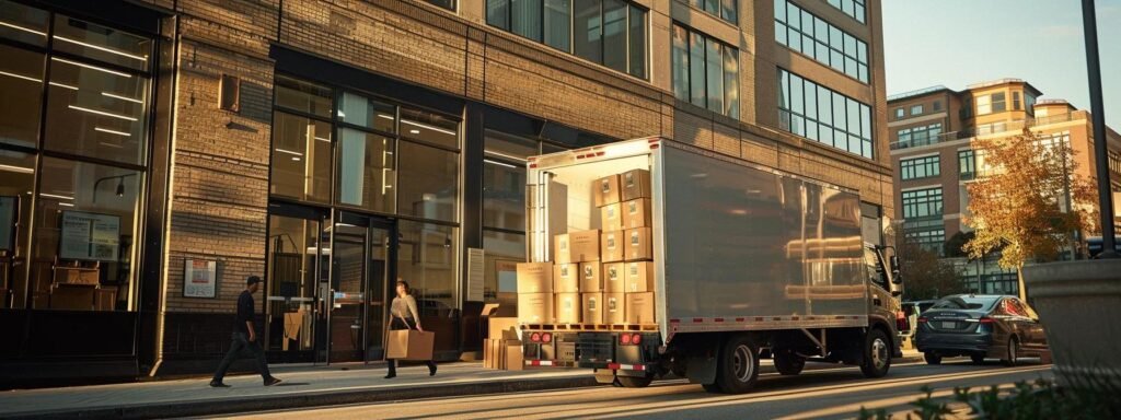 a bustling urban moving company scene shows professional movers efficiently packing and stacking boxes into a sleek, modern truck, highlighting a sense of organization and transparency in pricing against a backdrop of an office building in spring lake, nj.