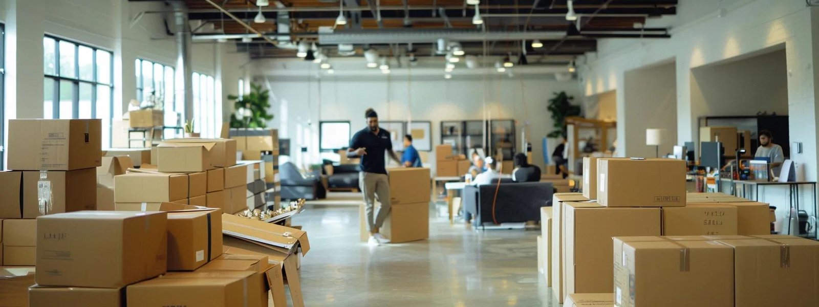 a bustling urban moving company in red bank, nj, showcases professional movers efficiently packing and organizing boxes in a sleek, modern office space, emphasizing teamwork and precision.