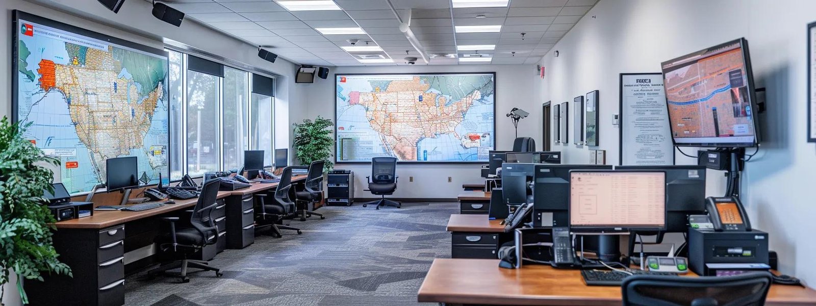 a bustling urban moving company office in eatontown, nj, showcasing a sleek reception area with vivid branding, organized workstations, and a large map displaying local relocation routes, all bathed in bright artificial lighting for a professional atmosphere.