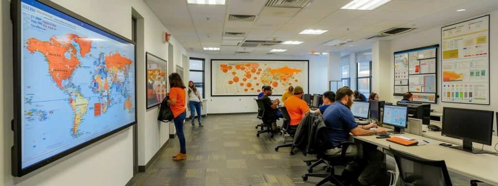 a bustling urban moving company office in new jersey, showcasing a dynamic team planning logistics with vibrant maps and charts on the walls, conveying efficient and organized relocation services for diverse communities across the state.