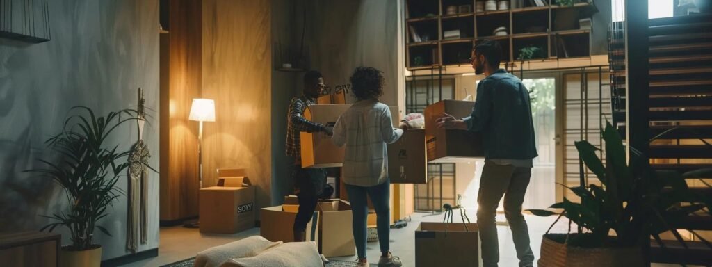 a bustling urban moving scene captures a diverse group of energized individuals expertly packing and organizing boxes in a modern apartment hallway, illuminated by soft ambient lighting that emphasizes the efficiency and teamwork involved in a smooth relocation.
