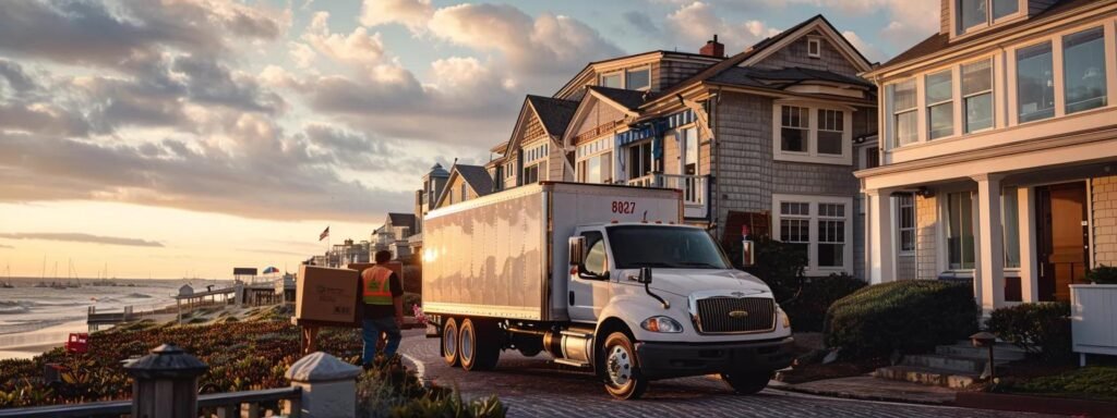 a bustling urban moving scene captures a professional moving crew efficiently loading boxes into a modern truck in front of a charming coastal home in avon by the sea, showcasing the precision and care of their services.