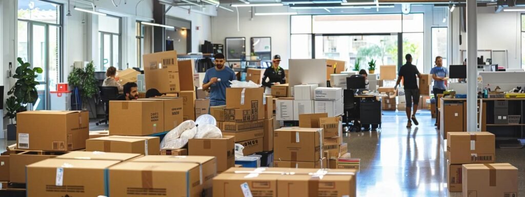 a bustling urban moving service scene in roosevelt, nj, captures a diverse team efficiently packing and organizing boxes in a modern, well-lit office space, showcasing the dynamic energy of a professional relocation effort.