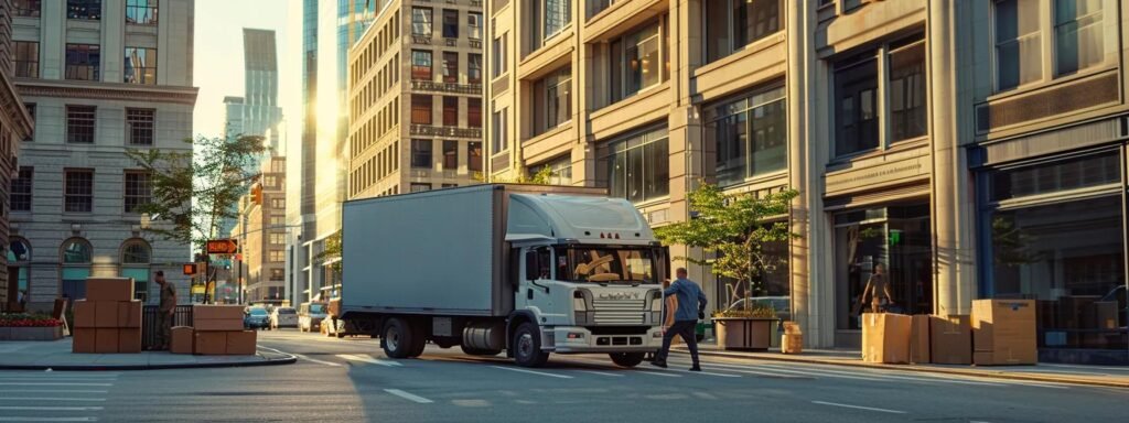 a bustling urban moving service in action, showcasing a professional team efficiently loading furniture into a sleek moving truck against a backdrop of modern city architecture, emphasizing the convenience and streamlined process of door-to-door relocation services.