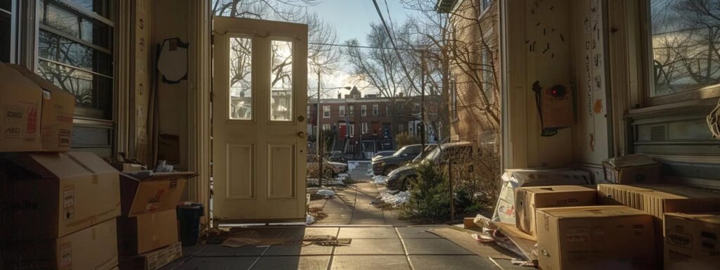 a bustling urban neighborhood under a bright sky, featuring an inviting doorway flanked by moving boxes, conveying the excitement and transition of new beginnings in the community.