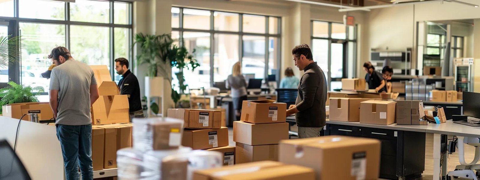 a bustling urban office space depicts a diverse team efficiently packing and organizing boxes, embodying the seamless service of a relocation company in rumson, nj.