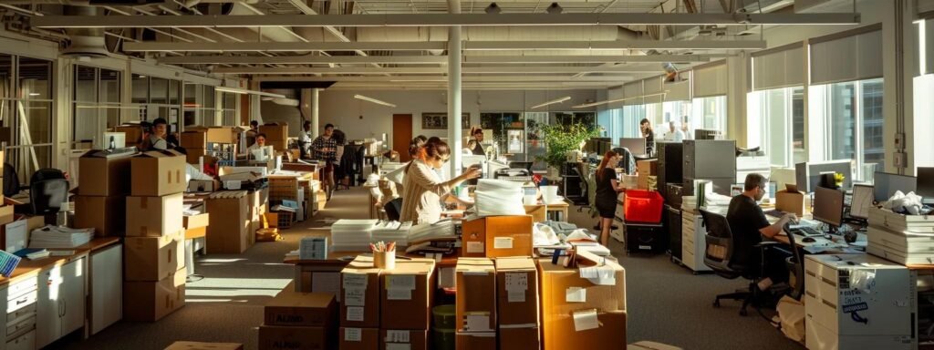 a bustling urban office environment filled with professionals actively discussing plans and reviewing documents while surrounded by neatly packed boxes, capturing the essence of efficient moving preparation in allentown, nj.
