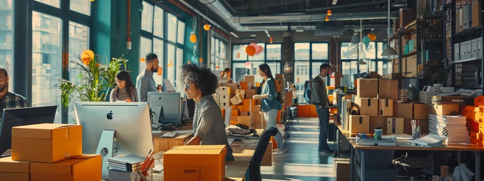 a bustling urban office environment showcases a diverse group of professionals efficiently packing and moving brightly colored boxes, emphasizing collaboration and a dynamic approach to logistics.