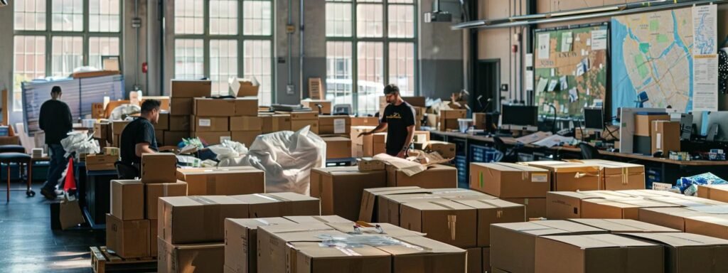 a bustling urban office filled with moving boxes being expertly organized by a team of professionals, each focused on efficiently managing the logistics of a relocation while showcasing a map of rumson, nj prominently displayed on a nearby wall.
