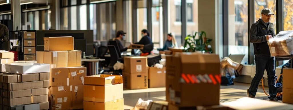 a bustling urban office setting showcases professional movers efficiently packing and organizing boxes, exuding a sense of teamwork and expertise as they prepare for a seamless transition in the heart of red bank, nj.