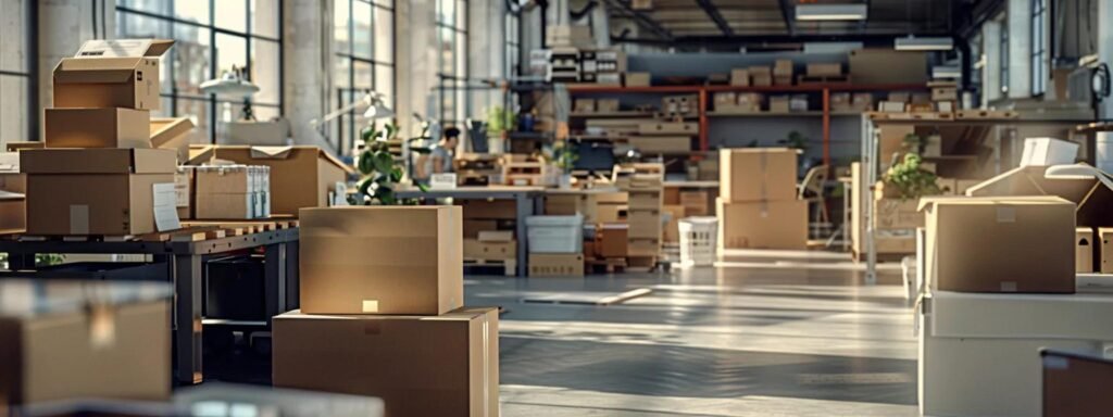 a bustling urban office setting showcases professional movers expertly packing boxes, with neatly organized packing materials and clearly labeled containers, emphasizing an atmosphere of efficiency and meticulous care during a transition.