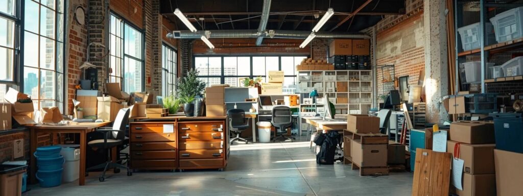 a bustling urban office space in rumson, nj, filled with professionals efficiently coordinating the relocation process, surrounded by neatly stacked boxes and packing materials, emphasizing the seamless transition enhanced by additional moving services.