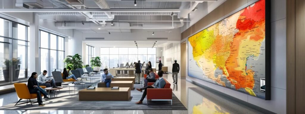 a bustling urban office space showcases a professional team strategizing over relocation plans, with sleek furniture and a large map of englishtown nj prominently displayed, highlighting the diverse types of moving services offered.