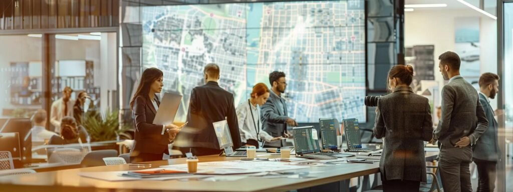 a bustling urban relocation office showcases a team of professionals strategizing over a detailed moving plan, with maps and digital devices illuminating the focused expressions of collaboration and expertise in a sleek, modern workspace.