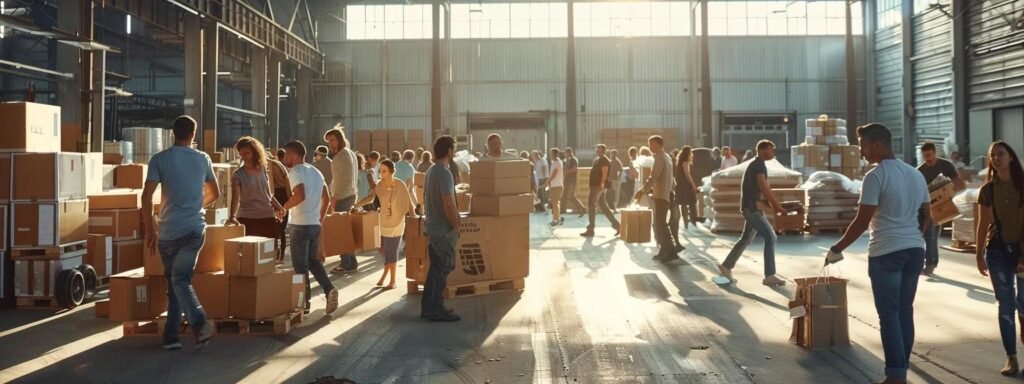a bustling urban scene captures a diverse group of individuals energetically packing and moving boxes into a bright, modern warehouse, showcasing teamwork and the vibrant spirit of community organization.