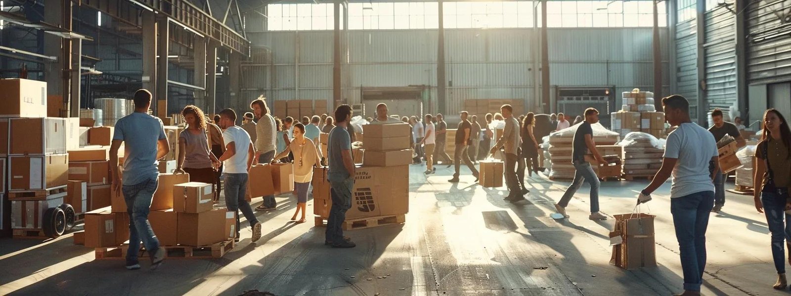 a bustling urban scene captures a diverse group of individuals energetically packing and moving boxes into a bright, modern warehouse, showcasing teamwork and the vibrant spirit of community organization.