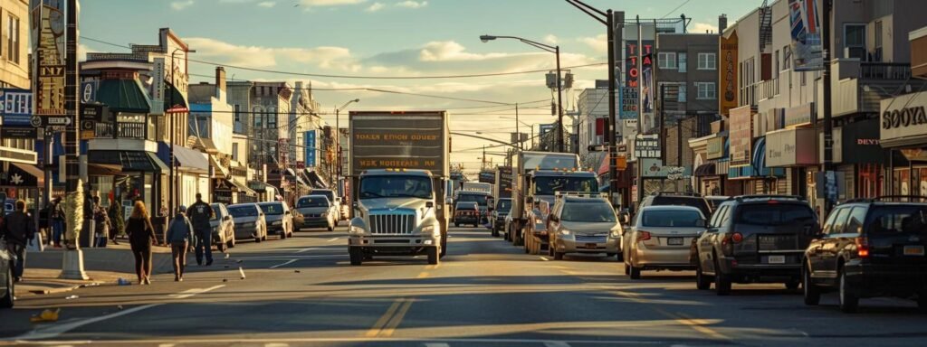 a bustling urban scene in bradley beach, nj, showcases a professional moving company efficiently orchestrating the relocation of household items with organized precision, emphasizing the ease and expertise that alleviates moving-related stress.