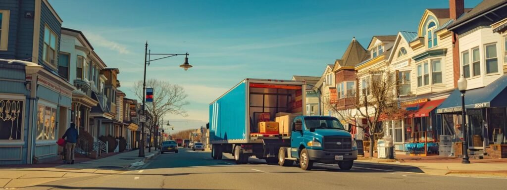 a bustling urban street in bradley beach, nj, features a vibrant moving company truck parked beside a charming residential building, with movers efficiently loading colorful furniture into the back, all under a bright, midday sky.