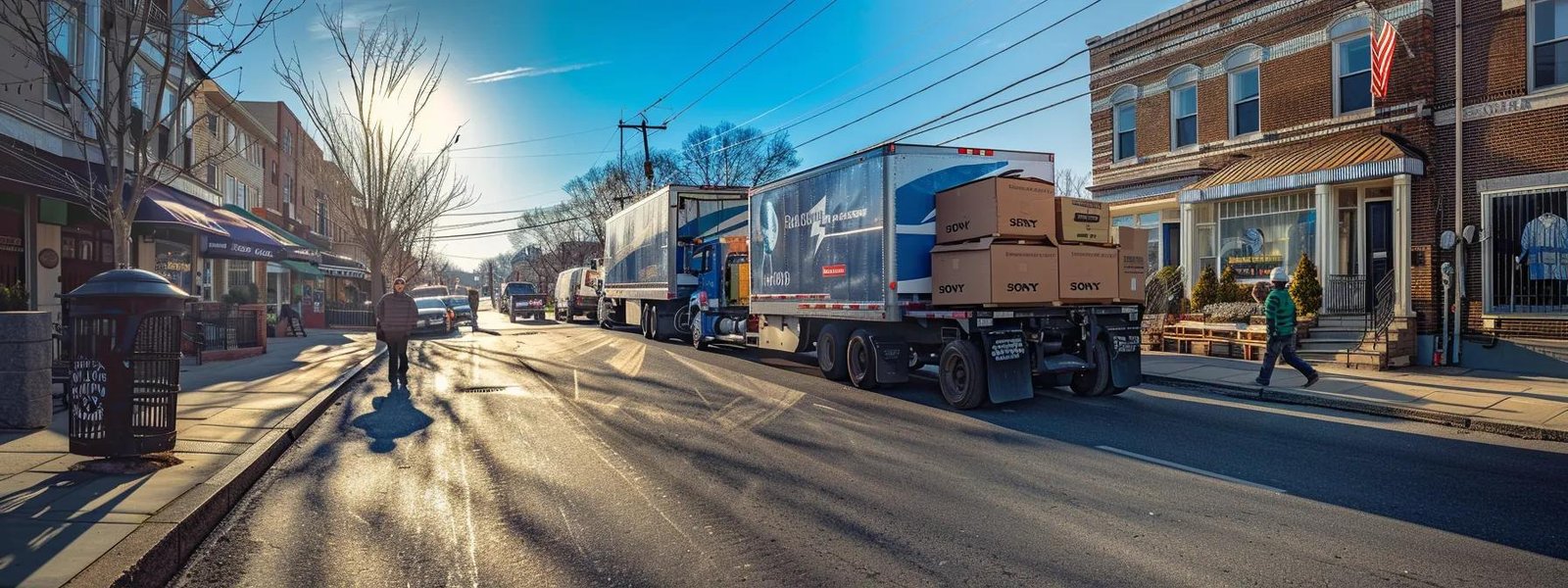 a bustling urban street in englishtown, nj, showcasing a vibrant moving company with striking branding on their trucks and engaged movers efficiently loading colorful boxes into the back of a vehicle, under a clear blue sky.