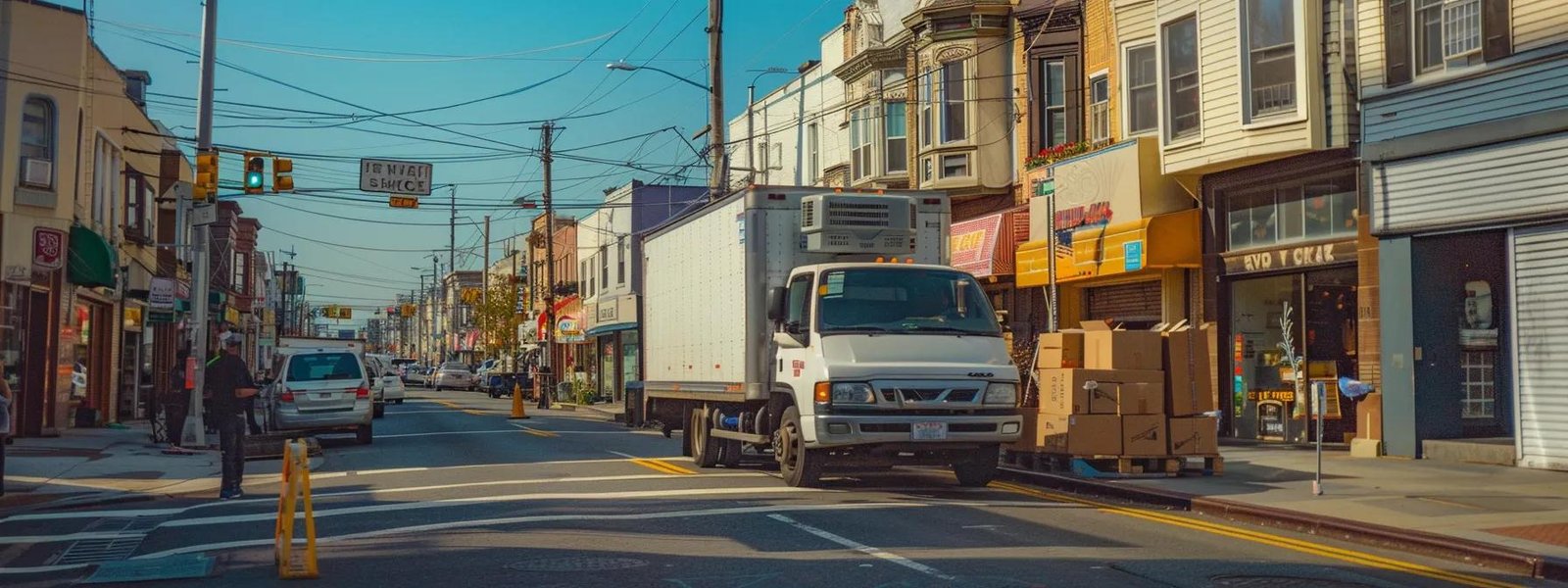 a bustling urban street scene in belmar, nj showcases a vibrant moving truck surrounded by neatly stacked boxes, as focused movers efficiently load and organize their cargo against a backdrop of lively storefronts and clear blue skies.