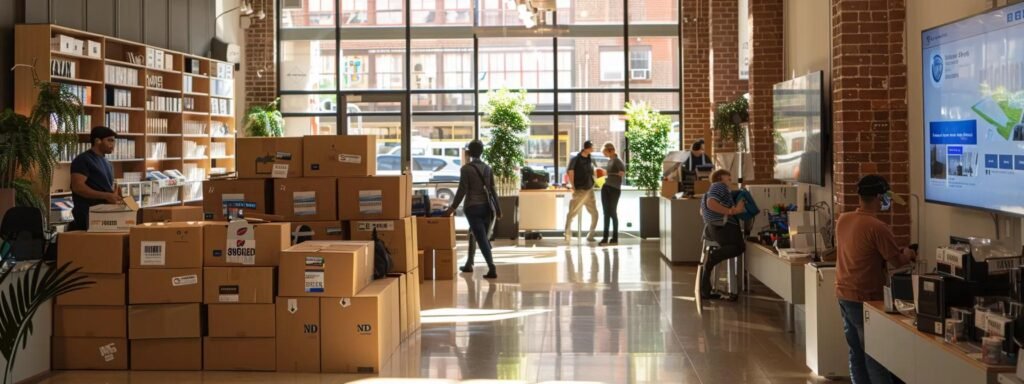 a bustling urban student housing transition office, filled with organized boxes, a friendly representative assisting a student with move-in logistics, and a digital display showcasing the seamless door-to-door service process.