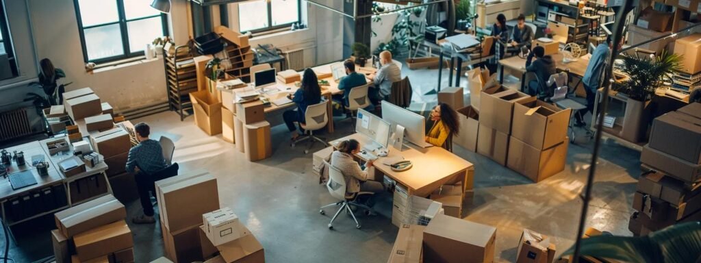 a busy office environment buzzing with activity showcases a professional discussing key moving company questions with clients while surrounded by packed boxes, delivering an atmosphere of organized efficiency and reliability.