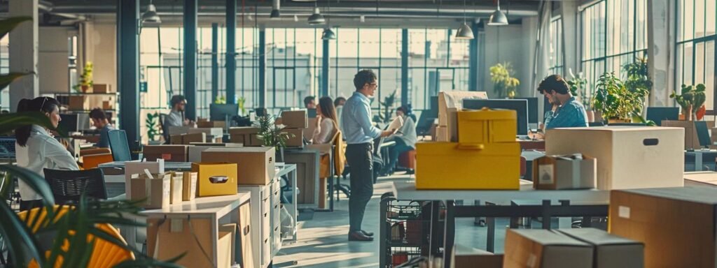 a busy office interior features a diverse team of professionals engaged in a virtual consultation, surrounded by neatly packed boxes and moving supplies, conveying the efficient and organized essence of a moving service.