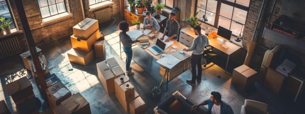 a busy urban office space features a diverse team of professionals collaborating around a large table, surrounded by packing boxes and movers preparing for a residential move, emphasizing the straightforward process of obtaining a free moving quote with next door movers.