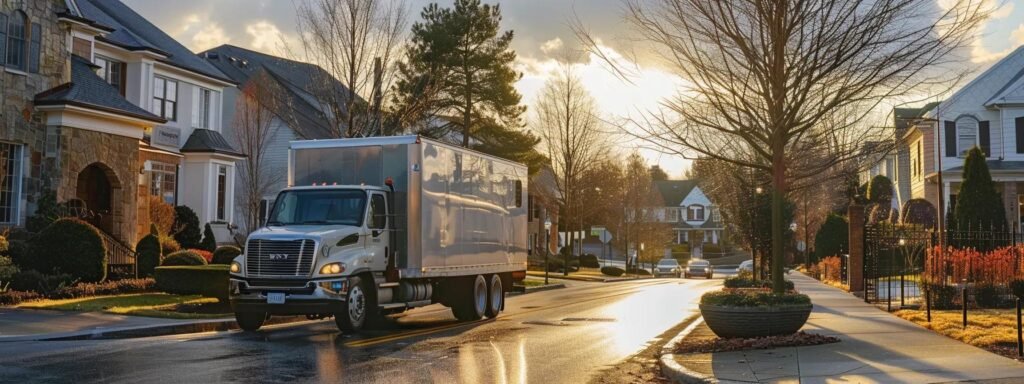a confident moving team in branded uniforms expertly navigates a residential street in manalapan, new jersey, with a modern moving truck parked nearby, showcasing their local expertise and commitment to service.