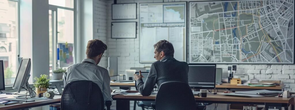 a crisp, modern office interior showcases a team of professionals engaged in a strategic planning session, surrounded by maps and visuals of eatontown, emphasizing their local expertise in seamless relocations.