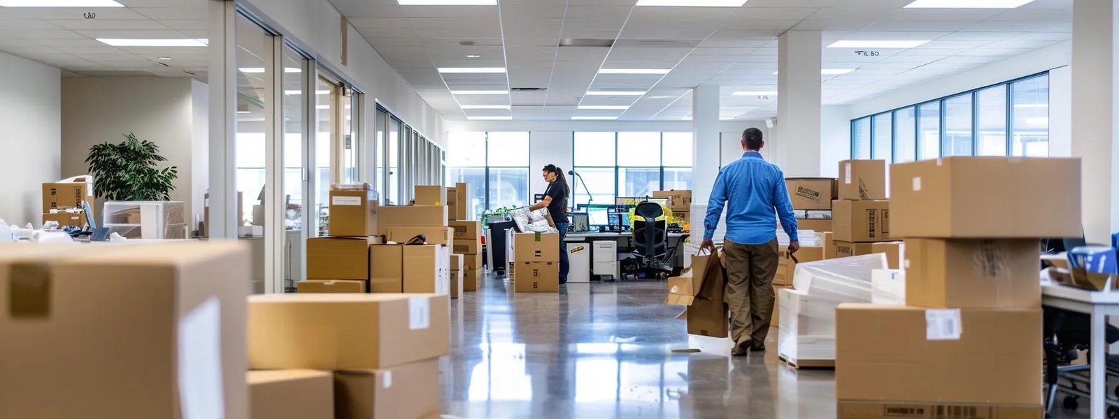a dynamic and energetic office setting showcases a professional moving team efficiently packing and organizing cardboard boxes in a bright, bustling environment, emphasizing the theme of relocation in upper freehold, nj.