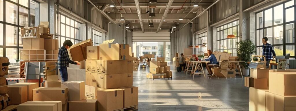 a dynamic indoor scene of professional movers efficiently packing and stacking boxes in a bustling office environment, showcasing their meticulous organization and teamwork amidst a backdrop of moving crates and equipment.