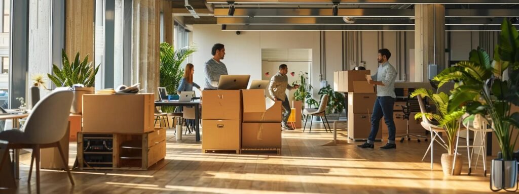 a dynamic office relocation scene captures a team of professionals coordinating the efficient packing and moving of office equipment, enveloped by crisp, modern furnishings and sleek technology, ensuring a seamless transition for a bustling workspace.