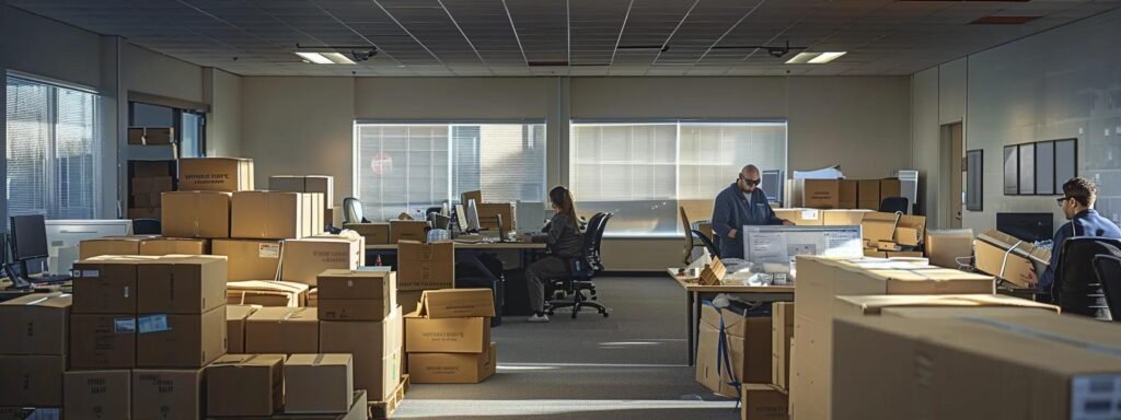 a dynamic office scene depicts local movers in sea girt, nj, efficiently packing and organizing boxes, showcasing personalized service and expert collaboration that sets them apart from national companies.