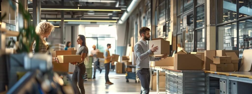 a dynamic scene inside a modern, well-organized moving company office, showcasing a team of focused professionals efficiently packing boxes and coordinating logistics, illuminated by bright overhead lights to emphasize the urgency and meticulous planning of the moving process.