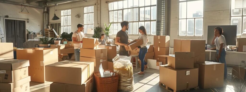 a dynamic urban moving scene captures a diverse group of individuals efficiently packing boxes in a well-organized office space, surrounded by essential packing materials and labeled boxes, emphasizing the smooth transition and careful planning involved in relocating.