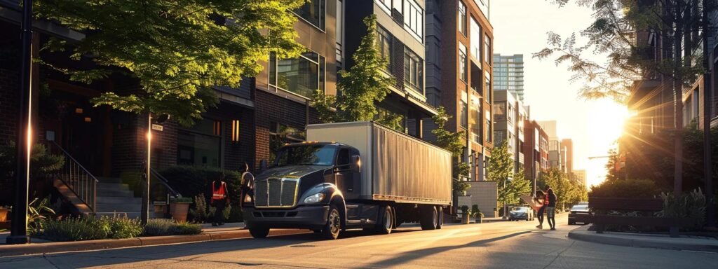 a dynamic urban moving scene in chicago showcases a sleek, modern truck parked in front of a stylish apartment building, with cheerful movers expertly handling boxes, all captured in vibrant, warm lighting to convey a positive and stress-free relocation experience.