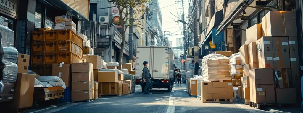 a dynamic urban moving scene showcases professional movers expertly navigating a bustling city street, surrounded by packed boxes and a vibrant backdrop of local buildings, highlighting their deep local expertise and community connections.