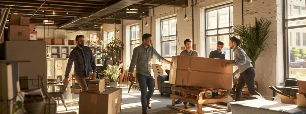 a dynamic urban office scene showcases professional interior movers expertly maneuvering large furniture pieces through a modern workspace, emphasizing teamwork and efficiency under bright overhead lighting.