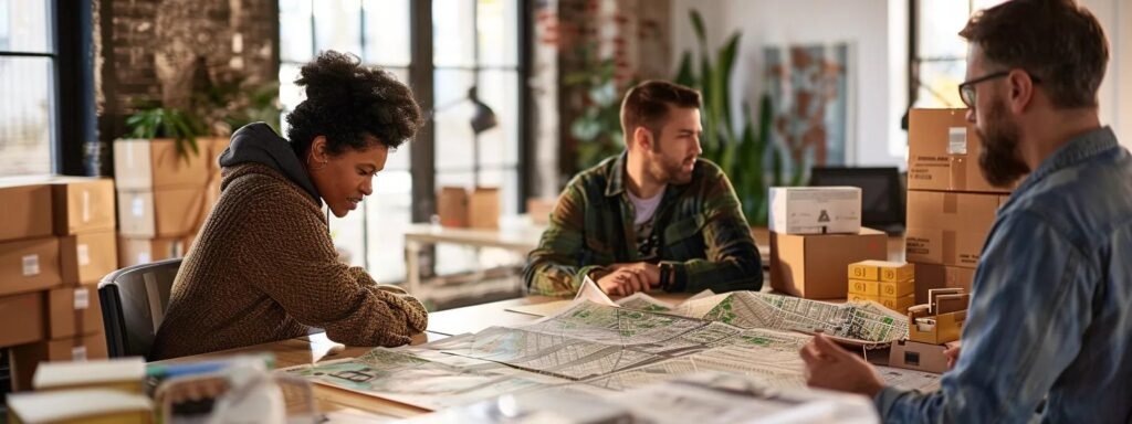 a dynamic urban office scene captures a diverse team of professional movers strategizing over a detailed map of chicago, with boxes and moving equipment artfully arranged in the background, emphasizing their commitment to personalized and reliable service.