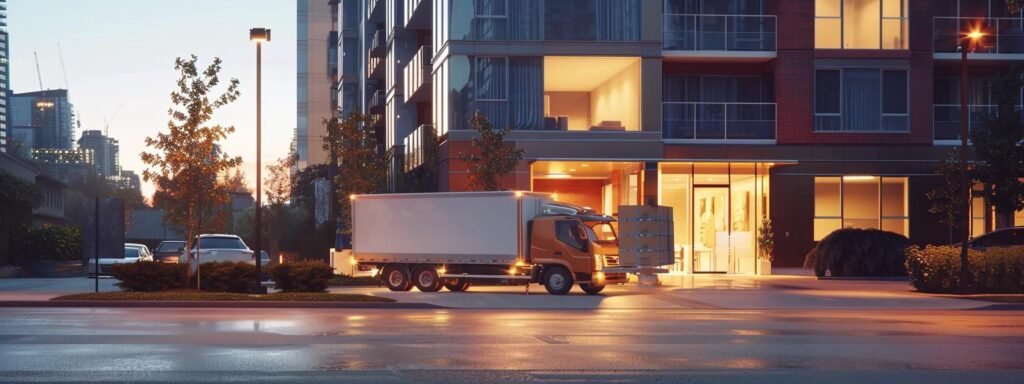 a dynamic urban scene captures a team of professional movers efficiently loading colorful boxes into a sleek moving truck parked outside a modern apartment complex, highlighting the hustle of city life and the excitement of relocation.