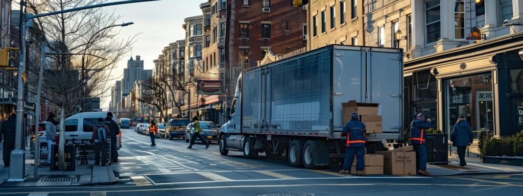 a dynamic urban scene depicts a professional moving company in atlantic highlands, nj, with uniformed movers efficiently loading strategically stacked boxes and furniture into a sleek moving truck, set against the backdrop of a bustling city street.