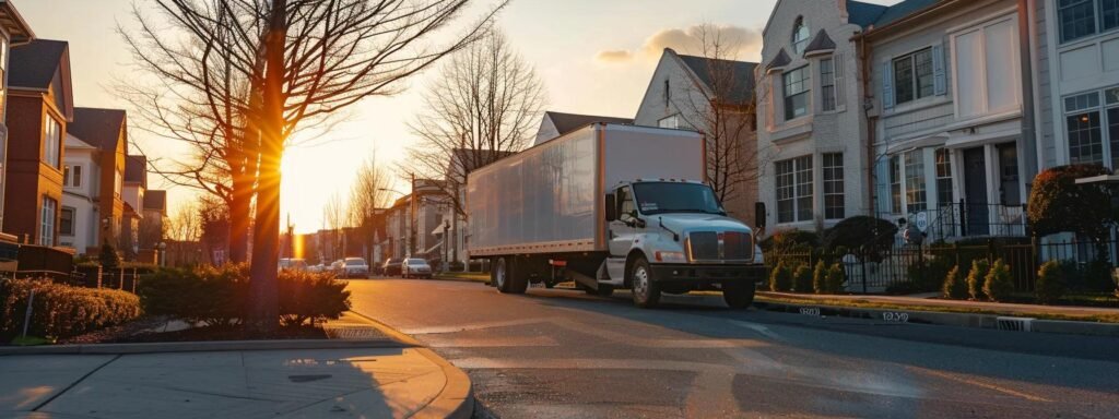 a dynamic urban scene showcasing a professional moving team in manalapan township, nj, efficiently loading furniture into a sleek moving truck against a backdrop of modern residential buildings under crisp afternoon light.