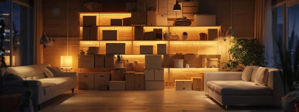 a meticulously organized urban apartment with neatly stacked boxes labeled for a move, showcasing a practical packing area illuminated by bright overhead lights, exemplifying efficiency and order in the moving process.