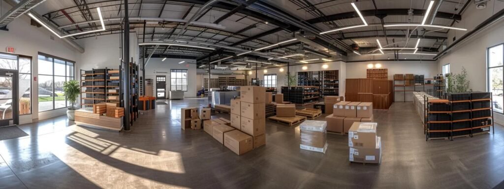 a modern, bustling moving and storage facility in deal, nj, features neatly stacked boxes and organized shelving, showcasing the seamless integration of packing and storage solutions in a bright, industrial environment.