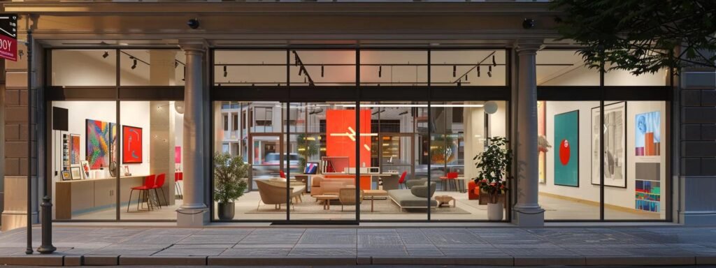 a modern office entrance showcases a sleek, partially open glass door, revealing an inviting interior filled with contemporary furniture and vibrant, creative decor, emphasizing a sense of accessibility and innovative workspace.