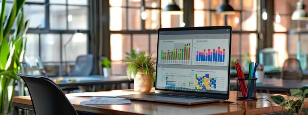 a modern office environment features a sleek workstation adorned with a laptop, a notepad filled with relocation tips, and a vibrant digital display showcasing nextdoor's community insights on moving, all bathed in warm, inviting light to emphasize productivity and collaboration.