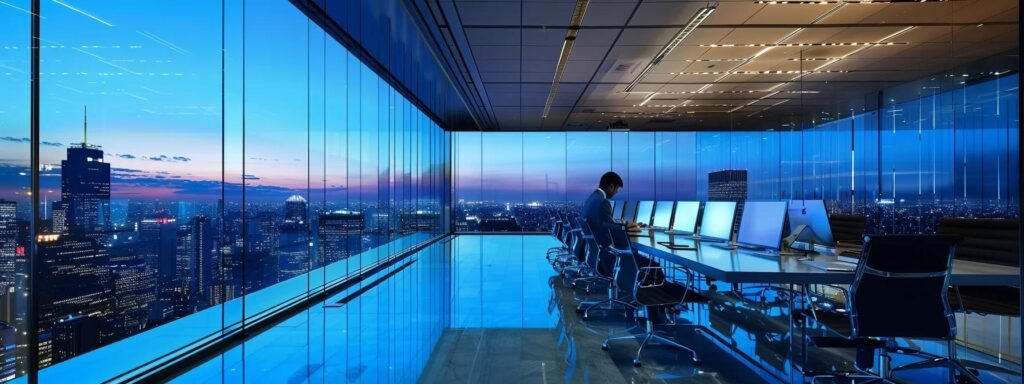 a modern office setting features a sleek, glass-paneled conference room, where a diverse group of professionals intensely reviews customer feedback on digital tablets, illuminated by dynamic ambient lighting that highlights their engaged expressions.