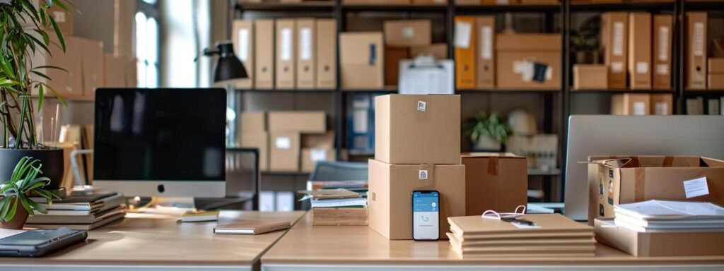 a modern, organized office space filled with neatly stacked boxes and labeled bins, showcasing a clear desk with a smartphone displaying the nextdoor app, conveying a sense of efficiency and community-driven decluttering in preparation for a move.