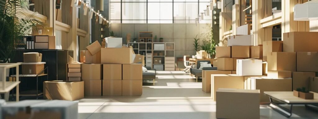 a modern, organized office space is meticulously arranged for interior movers, showcasing neatly stacked boxes, furniture wrapped in protective materials, and clear pathways, all under bright, efficient lighting that emphasizes the readiness for a seamless transition.